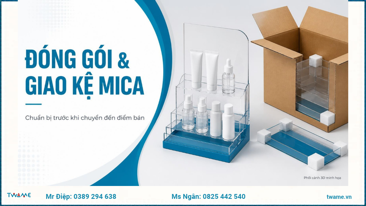 Phối cảnh 3D minh họa đóng gói kệ mica mỹ phẩm, logo TWAME gốc và liên hệ Điệp – Ngân