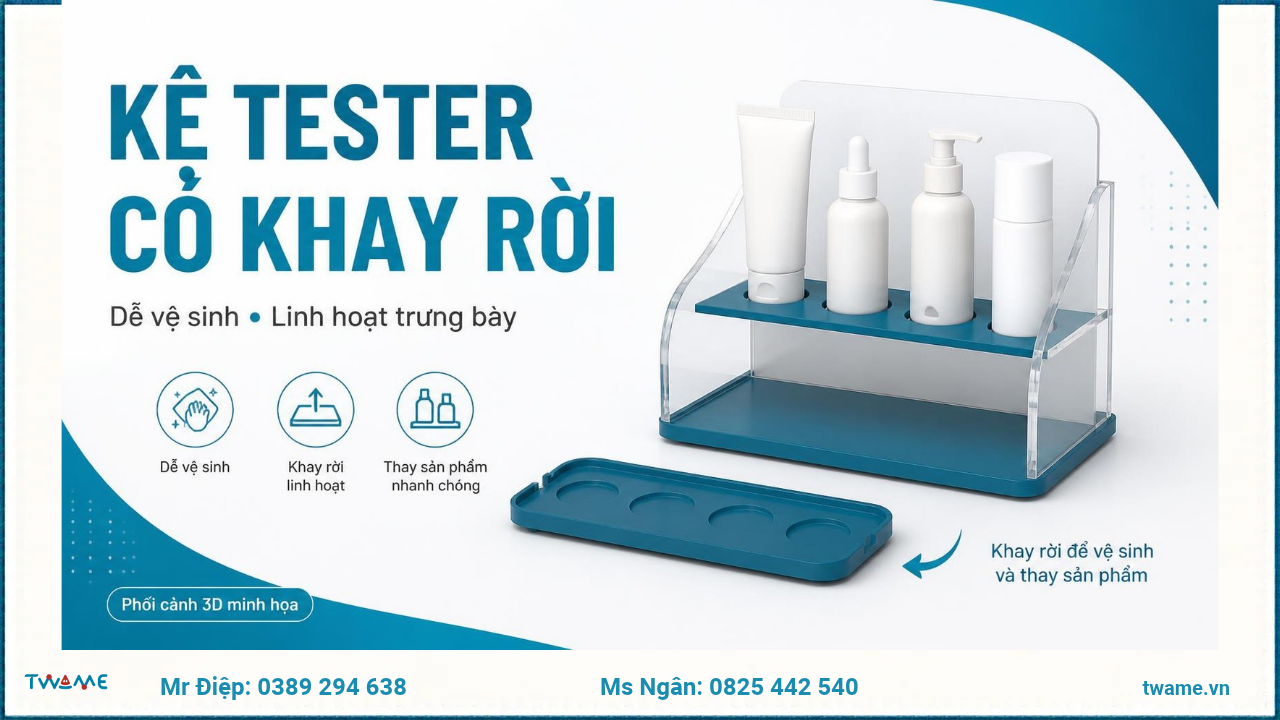 Phối cảnh 3D minh họa kệ tester mỹ phẩm có khay rời, khung logo TWAME và hotline Điệp, Ngân