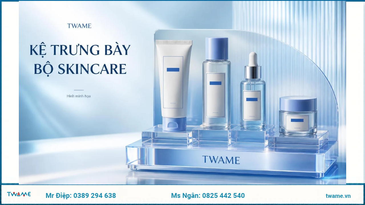 Hình minh họa 3D kệ skincare, khung logo TWAME và liên hệ Mr Điệp, Ms Ngân